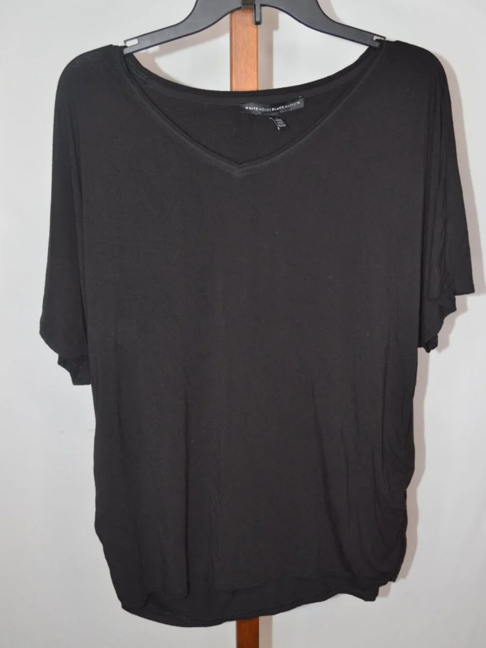 White House Black Market Women’s XL Black V-Neck Short Sleeve Ruched Blouse